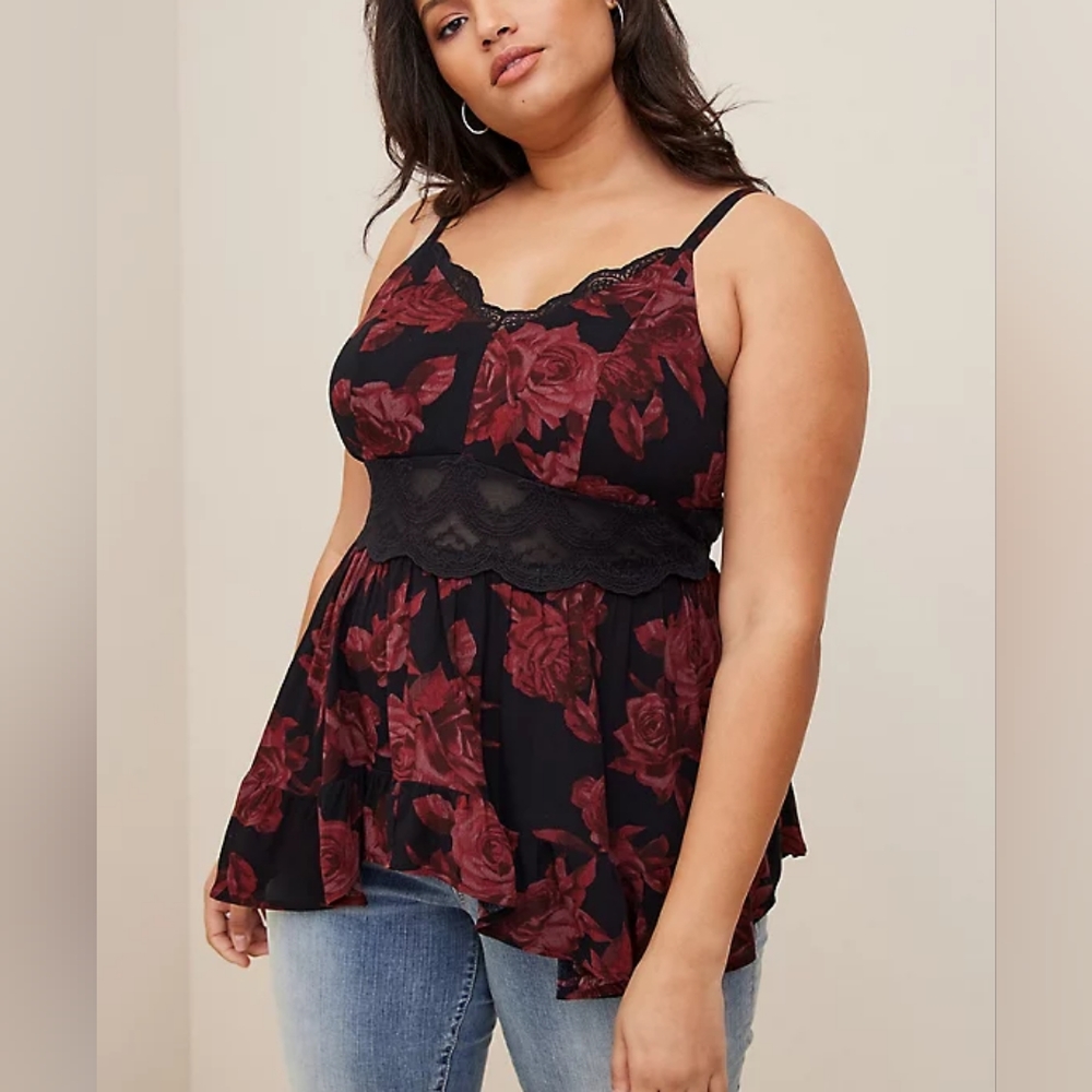 Torrid Lace Gauze Babydoll Top- Rose Pattern